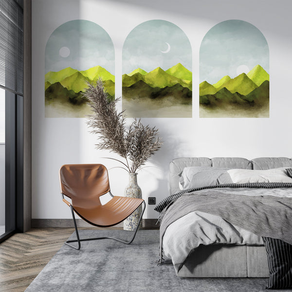 Green Mountain Wall Decal: Boho Sunset Art, Set of 3