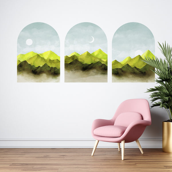 Green Mountain Wall Decal: Boho Sunset Art, Set of 3