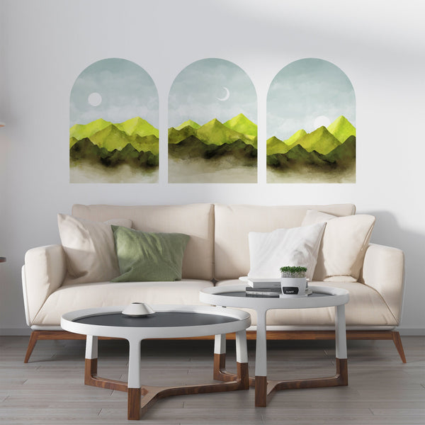 Green Mountain Wall Decal: Boho Sunset Art, Set of 3