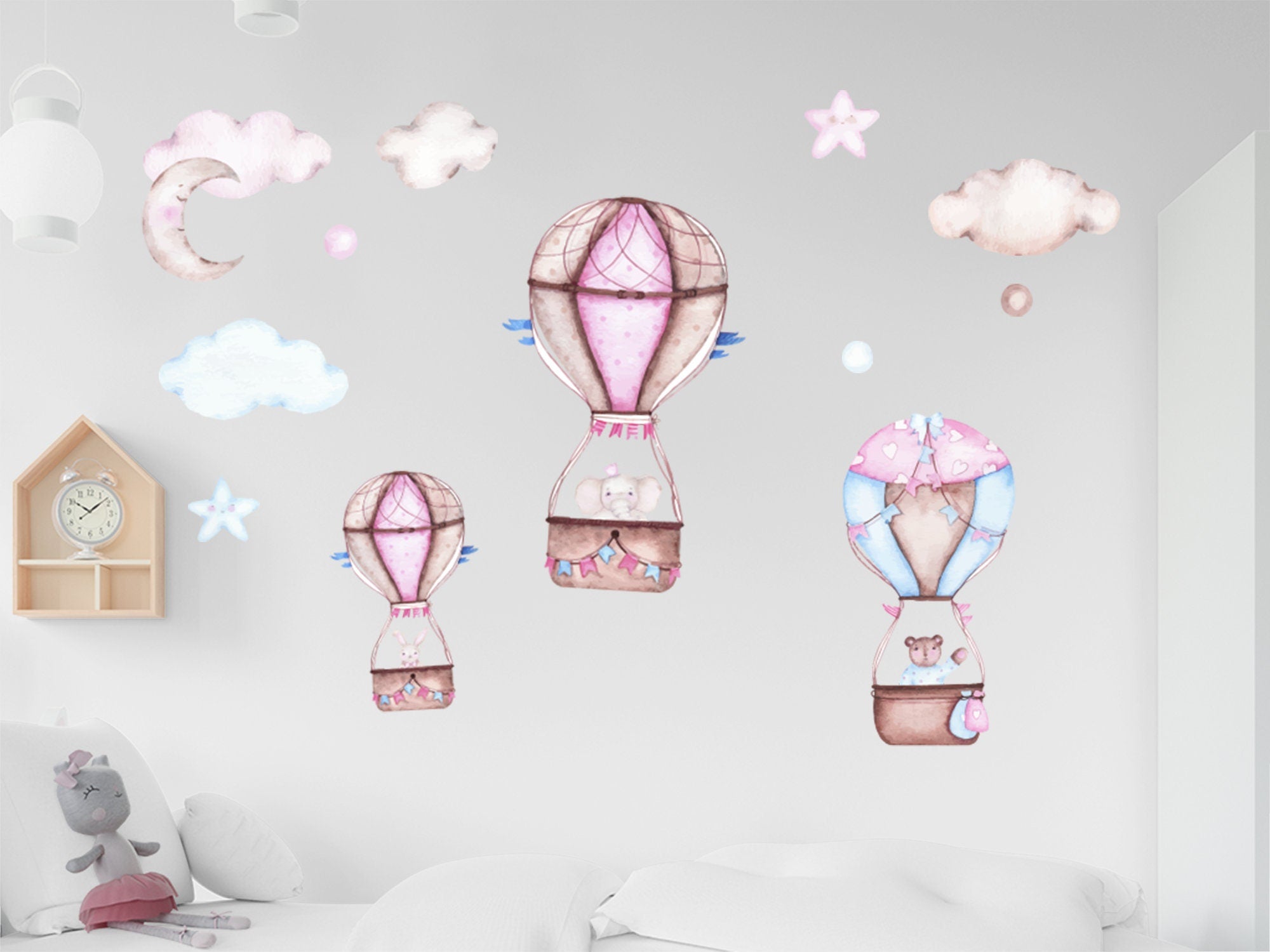 Hot Air Balloons  Nursey Wall Decal, Ballon Watercolor Decal, Art Nursery Wall Decal, Kids Decals, Animals Wall Stickers, Gift for Kids Baby
