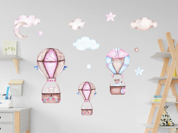 Hot Air Balloons  Nursey Wall Decal, Ballon Watercolor Decal, Art Nursery Wall Decal, Kids Decals, Animals Wall Stickers, Gift for Kids Baby