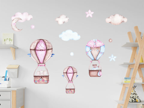 Hot Air Balloons  Nursey Wall Decal, Ballon Watercolor Decal, Art Nursery Wall Decal, Kids Decals, Animals Wall Stickers, Gift for Kids Baby