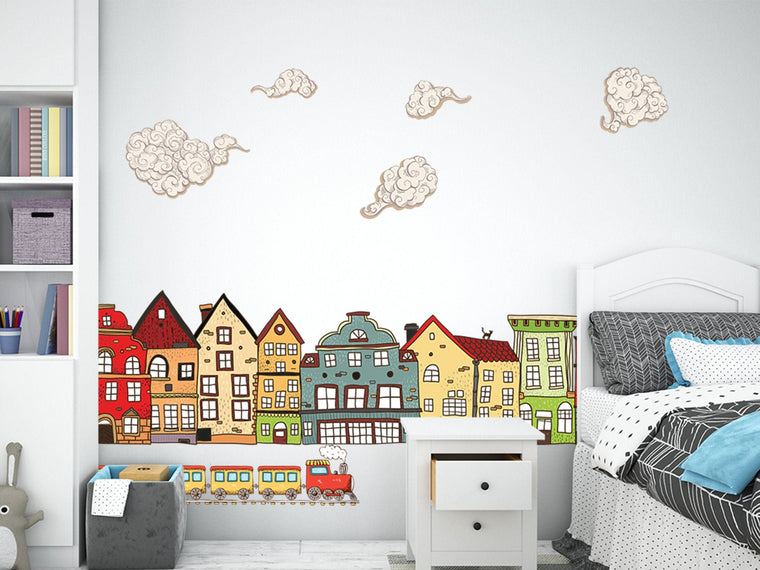 Houses Wall Decals, Little Village Decal, Gift Wall Art Vinyl Decal for Kid's Rooms, Bedrooms, Nursery Decals, Cloud decal, Train Wall Decal