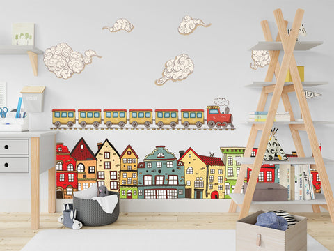 Houses Wall Decals, Little Village Decal, Gift Wall Art Vinyl Decal for Kid's Rooms, Bedrooms, Nursery Decals, Cloud decal, Train Wall Decal