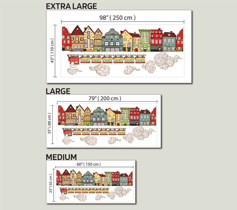 Houses Wall Decals, Little Village Decal, Gift Wall Art Vinyl Decal for Kid's Rooms, Bedrooms, Nursery Decals, Cloud decal, Train Wall Decal
