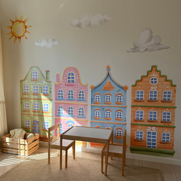 Pastel Townhouses & Sun Wall Decal Set