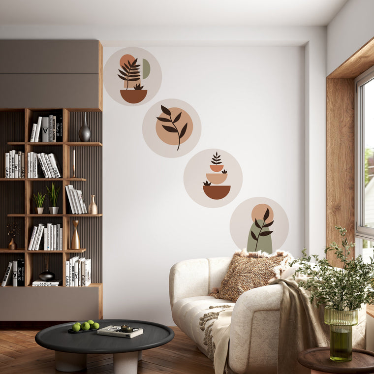 Botanical Circle Wall Decal Set – Minimal Plant Wall Stickers with Earthy Tones for Living Room, Nursery & Modern Homes