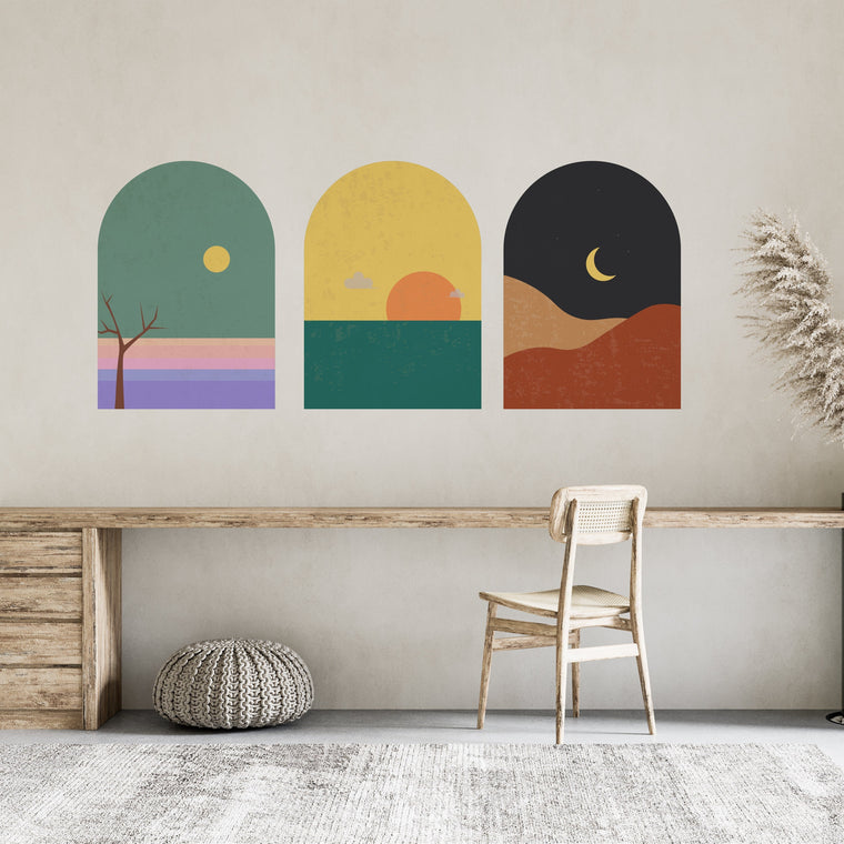 Mid Century Modern Landscape Wall Decal Set: Terracotta Sun Decor