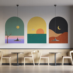 Mid Century Modern Landscape Wall Decal Set: Terracotta Sun Decor