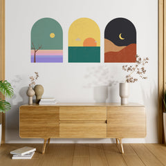 Mid Century Modern Landscape Wall Decal Set: Terracotta Sun Decor