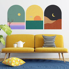Mid Century Modern Landscape Wall Decal Set: Terracotta Sun Decor