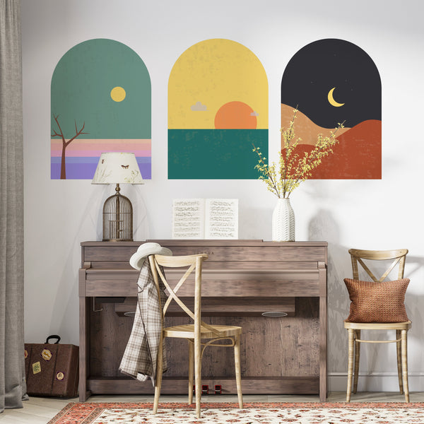 Mid Century Modern Landscape Wall Decal Set: Terracotta Sun Decor