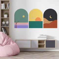 Mid Century Modern Landscape Wall Decal Set: Terracotta Sun Decor