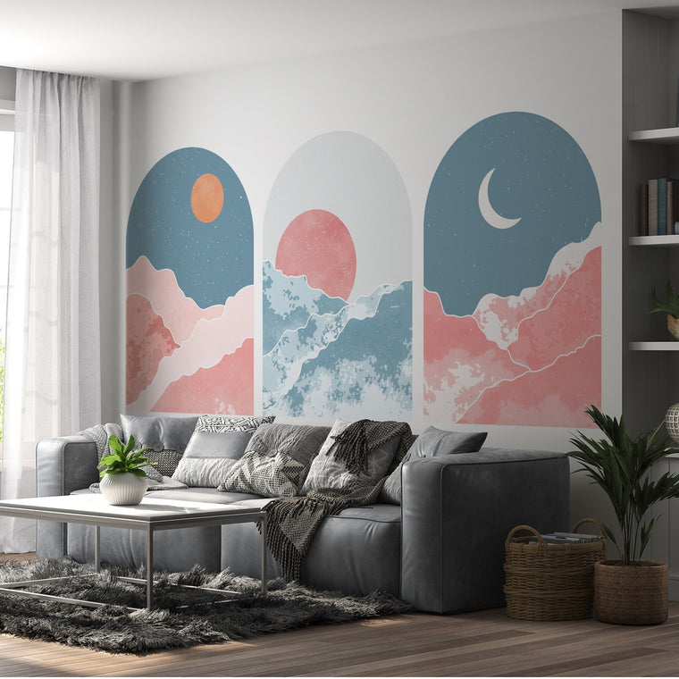 Mid Century Mountain Wall Decal: Boho Landscape Wallpaper