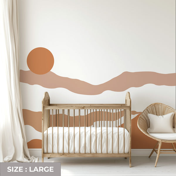 Terracotta Boho Sun Abstract Mountain Wall Decal – Peel & Stick Nursery Wall Mural