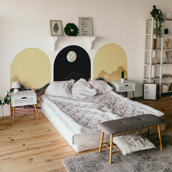 Moonlit Mountain Arch Wall Decal Set – Abstract Night Sky and Watercolor Landscape