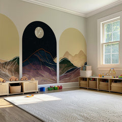 Moonlit Mountain Arch Wall Decal Set – Abstract Night Sky and Watercolor Landscape