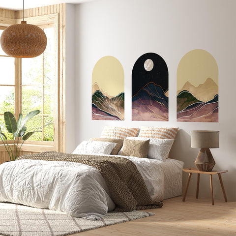 Moonlit Mountain Arch Wall Decal Set – Abstract Night Sky and Watercolor Landscape
