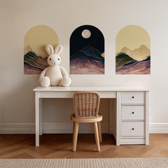 Moonlit Mountain Arch Wall Decal Set – Abstract Night Sky and Watercolor Landscape
