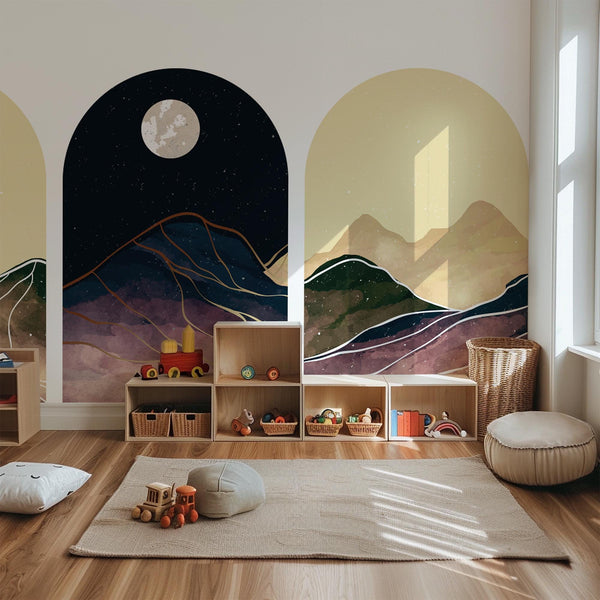Moonlit Mountain Arch Wall Decal Set – Abstract Night Sky and Watercolor Landscape