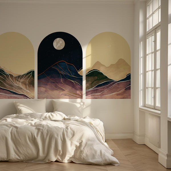 Moonlit Mountain Arch Wall Decal Set – Abstract Night Sky and Watercolor Landscape