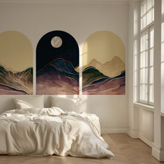 Moonlit Mountain Arch Wall Decal Set – Abstract Night Sky and Watercolor Landscape
