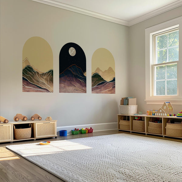 Moonlit Mountain Arch Wall Decal Set – Abstract Night Sky and Watercolor Landscape