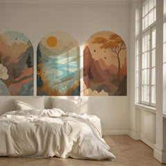 Mountain Landscape Arch Wall Decal Set – Sunset Lake, Forest & Desert Horizon Mural