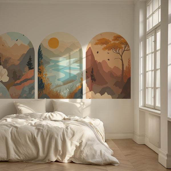 Mountain Landscape Arch Wall Decal Set – Sunset Lake, Forest & Desert Horizon Mural
