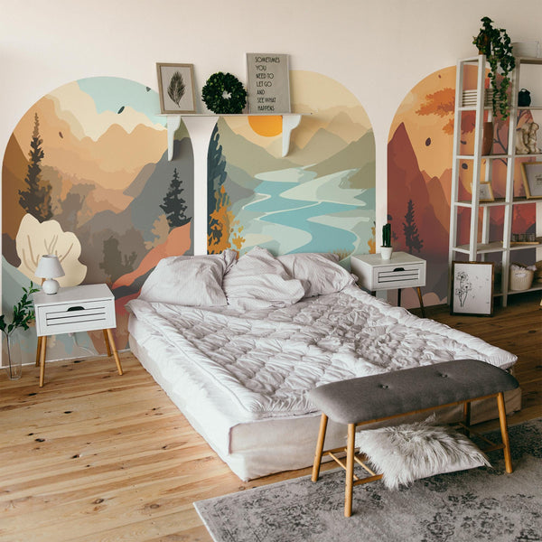 Mountain Landscape Arch Wall Decal Set – Sunset Lake, Forest & Desert Horizon Mural