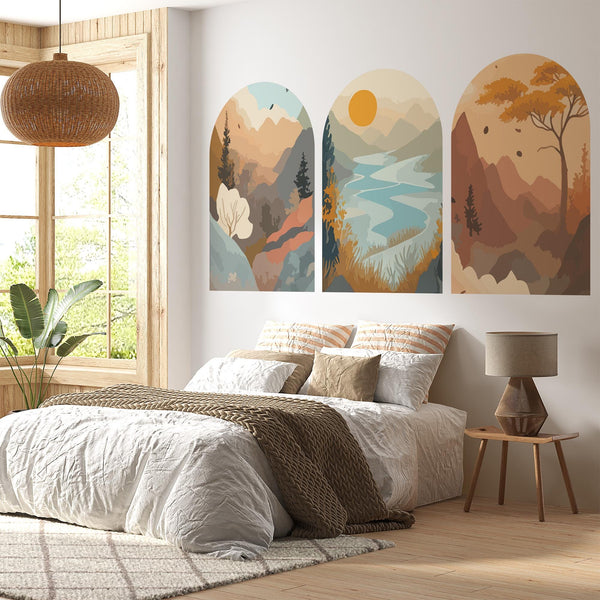 Mountain Landscape Arch Wall Decal Set – Sunset Lake, Forest & Desert Horizon Mural