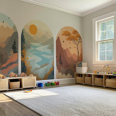 Mountain Landscape Arch Wall Decal Set – Sunset Lake, Forest & Desert Horizon Mural