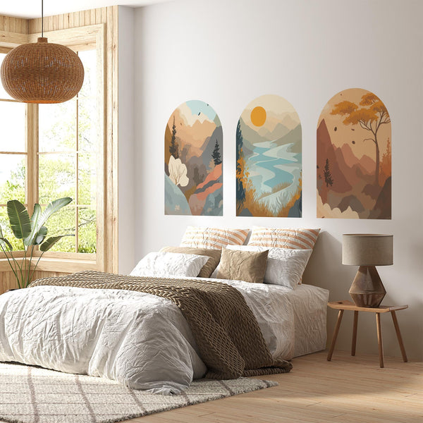 Mountain Landscape Arch Wall Decal Set – Sunset Lake, Forest & Desert Horizon Mural