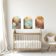 Mountain Landscape Arch Wall Decal Set – Sunset Lake, Forest & Desert Horizon Mural