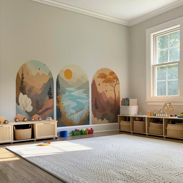 Mountain Landscape Arch Wall Decal Set – Sunset Lake, Forest & Desert Horizon Mural