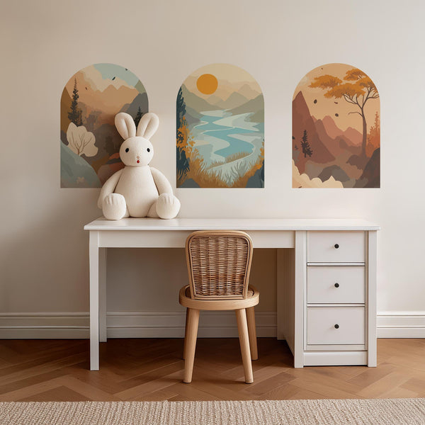 Mountain Landscape Arch Wall Decal Set – Sunset Lake, Forest & Desert Horizon Mural