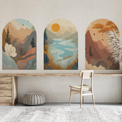 Mountain Landscape Arch Wall Decal Set – Sunset Lake, Forest & Desert Horizon Mural