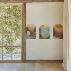 Mountain Landscape Arch Wall Decal Set – Sunset Lake, Forest & Desert Horizon Mural