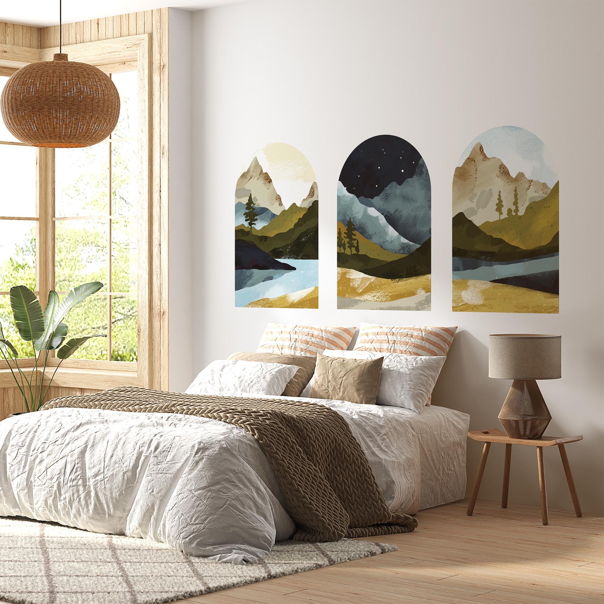 Mountain Vista Arch Wall Decal Set – Scenic Lake & Forest Landscape Mural Trio