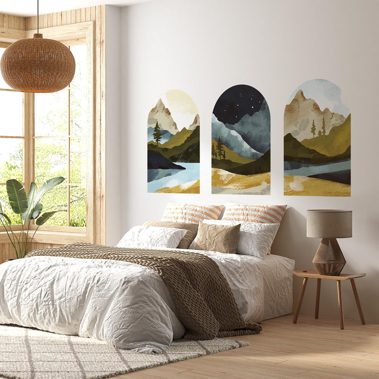 Mountain Vista Arch Wall Decal Set – Scenic Lake & Forest Landscape Mural Trio