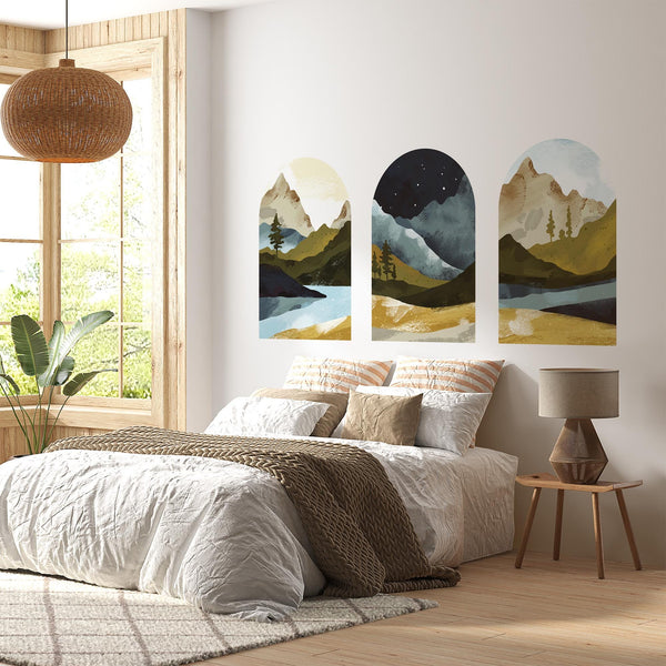 Mountain Vista Arch Wall Decal Set – Scenic Lake & Forest Landscape Mural Trio