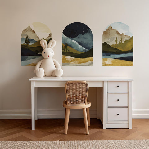 Mountain Vista Arch Wall Decal Set – Scenic Lake & Forest Landscape Mural Trio