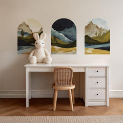 Mountain Vista Arch Wall Decal Set – Scenic Lake & Forest Landscape Mural Trio