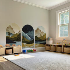 Mountain Vista Arch Wall Decal Set – Scenic Lake & Forest Landscape Mural Trio