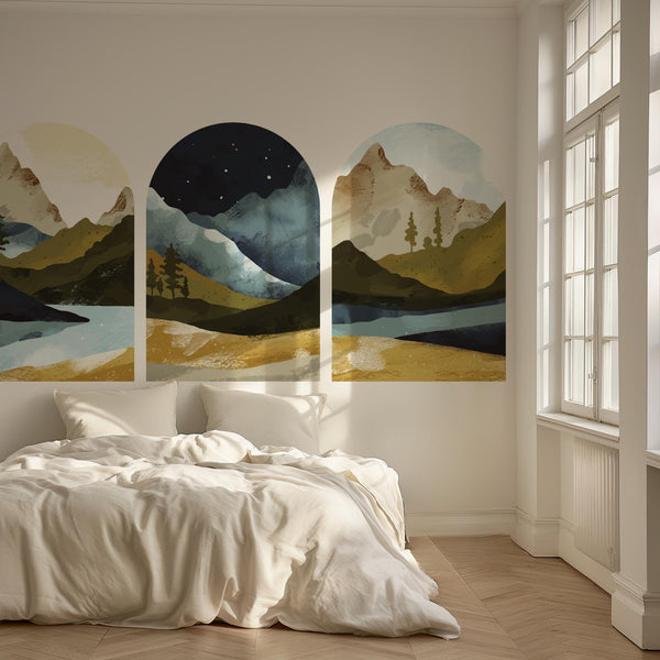 Mountain Vista Arch Wall Decal Set – Scenic Lake & Forest Landscape Mural Trio