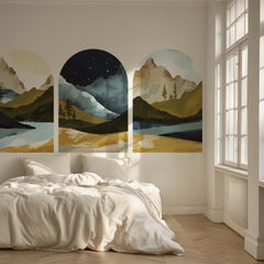Mountain Vista Arch Wall Decal Set – Scenic Lake & Forest Landscape Mural Trio