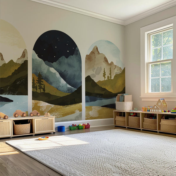 Mountain Vista Arch Wall Decal Set – Scenic Lake & Forest Landscape Mural Trio