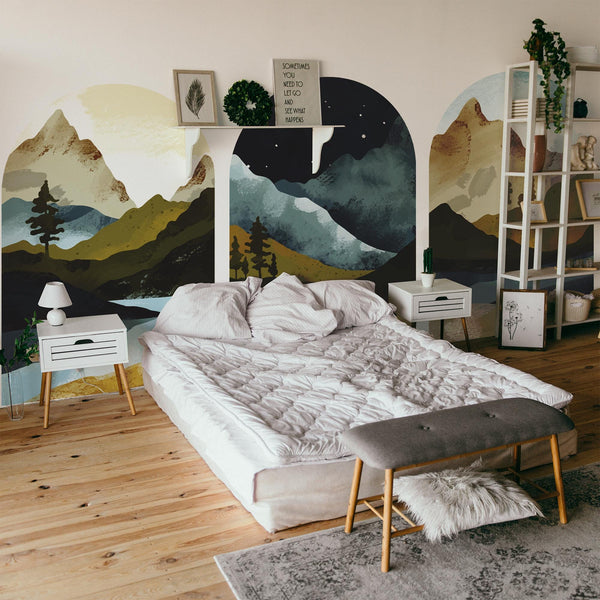 Mountain Vista Arch Wall Decal Set – Scenic Lake & Forest Landscape Mural Trio