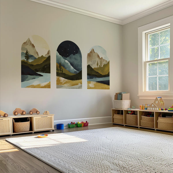 Mountain Vista Arch Wall Decal Set – Scenic Lake & Forest Landscape Mural Trio