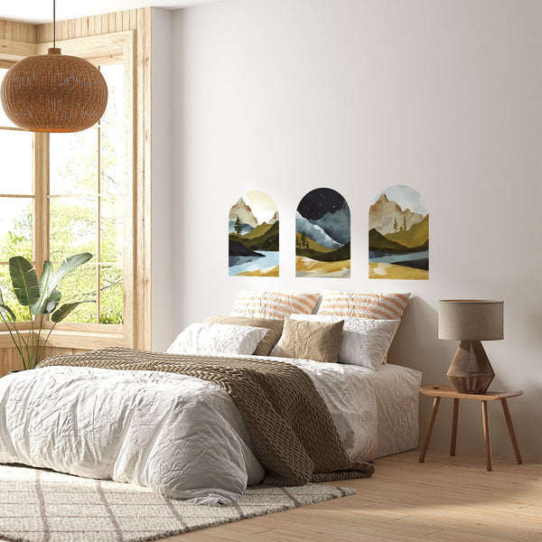 Mountain Vista Arch Wall Decal Set – Scenic Lake & Forest Landscape Mural Trio